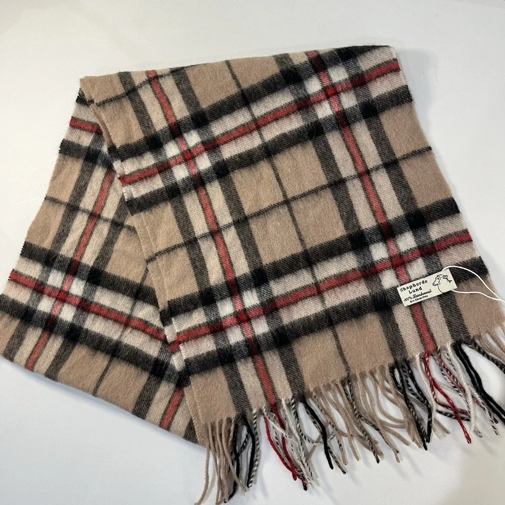 New Shepherd's Land 100% Lambswool Tartan Plaid Fringe Scarf Khaki Red Cozy Soft